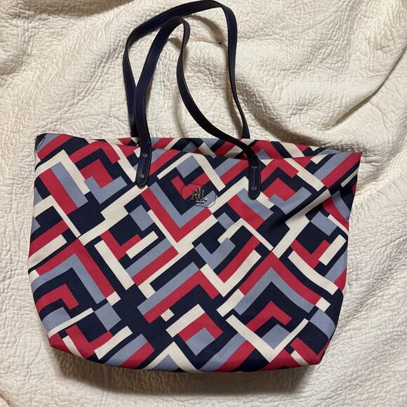 LAUREN RALPH LAUREN Large Zip Tote & Pouch Red White Blue Geometric PU Canvas - Picture 1 of 10